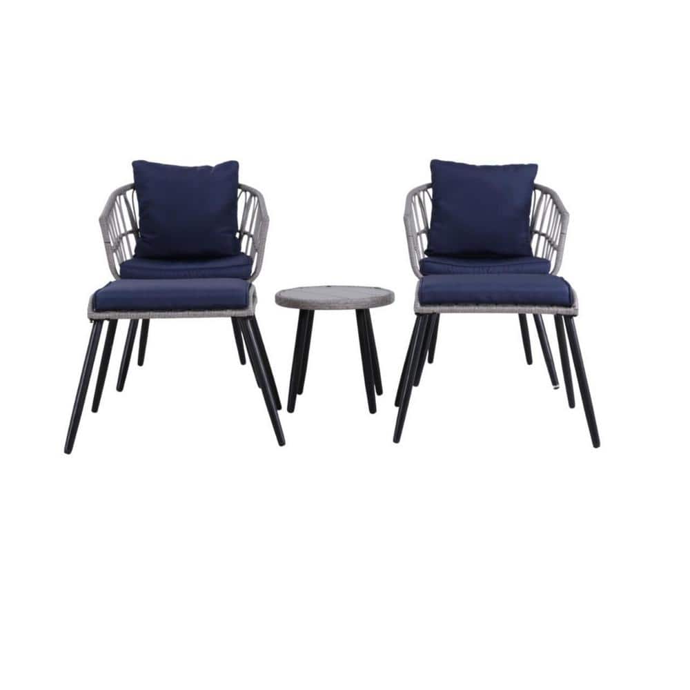 5-Piece Gray PE Rattan Wicker Patio Conversation Set with Navy Blue Cushion