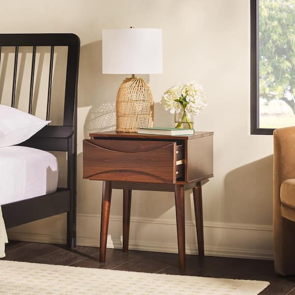 1-Drawer Walnut Solid Wood Mid-Century Modern Curve Nightstand