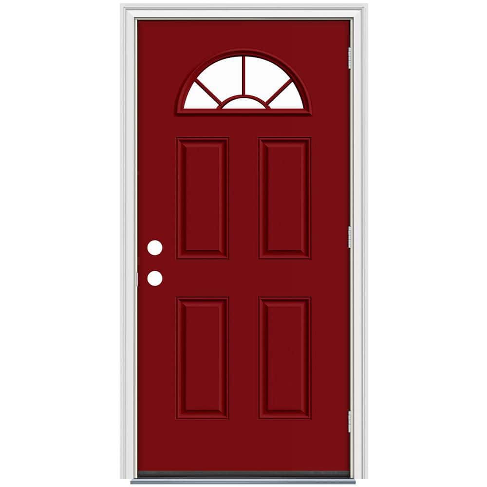36 in. x 80 in. Fan Lite Cranberry Red Painted Steel Prehung Left-Hand Outswing Front Door with Brickmould