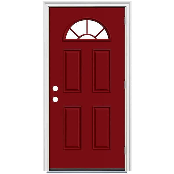 36 in. x 80 in. Fan Lite Cranberry Red Painted Steel Prehung Left-Hand Outswing Front Door with Brickmould