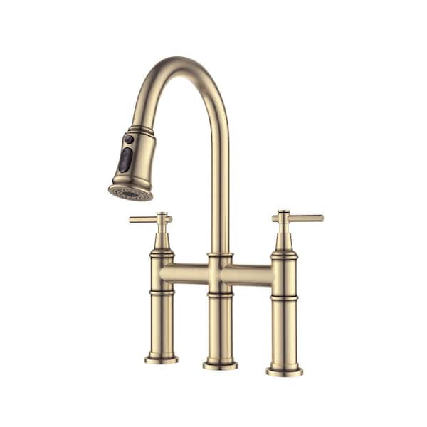 WELLFOR Double Handles Gooseneck Pull Down Sprayer Kitchen Faucet in Brushed Gold Widespread Bridge Faucets for 3-Hole