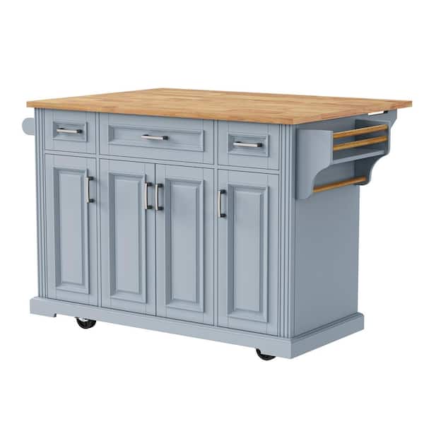 Gray Blue Wood 54 in. Rolling Kitchen Island with Rubber Wood Drop Leaf, 4 Doors and 3 Drawers