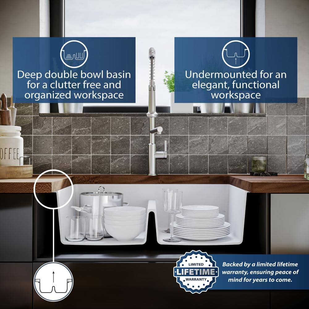 White Quartz Double Bowl Undermount Kitchen Sink, 32"