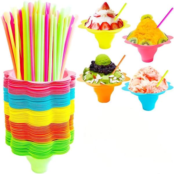 8 fl. oz. Multicolor Plastic Snow Cone Cups with Spoon Straws, Flower Shape Reusable, Summer Dessert Bowls (Set of 200)
