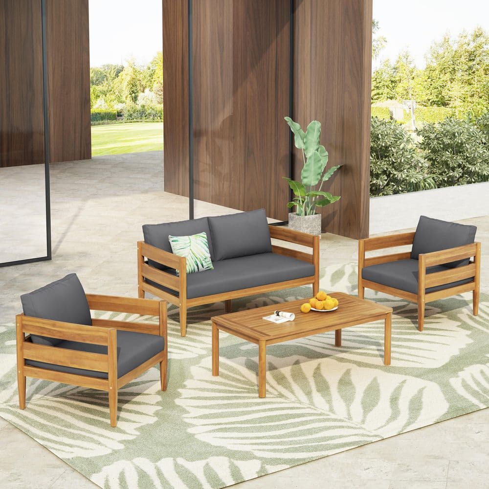 Wanda Outdoor 4-Piece Solid Wood Patio Conversation Set with Dark Gray Cushions, Teak Finish, Curved Back