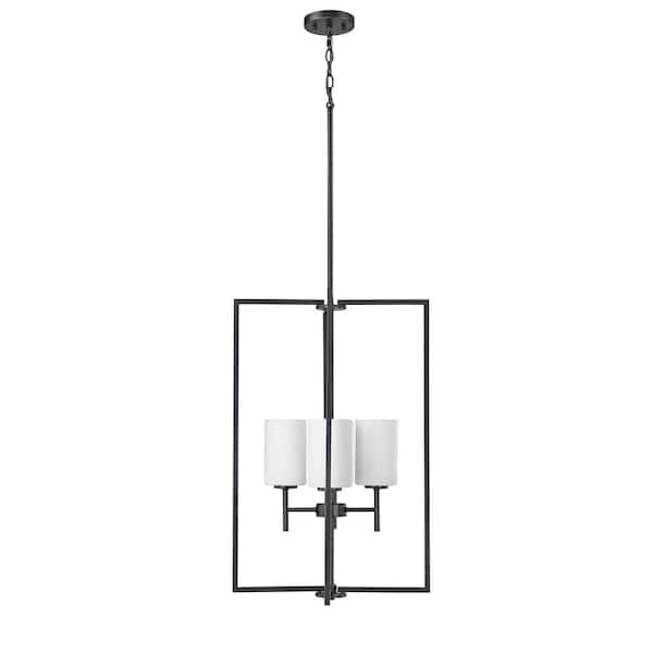 Luxx 240-Watt 4-Light Matte Black Pendant-Light Ribbed Etched Opal White Shade