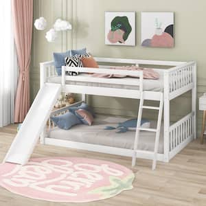 White Full Over Full Bunk Bed with Convertible Slide and Ladder, Wooden Low Bunk Bed Frame for Kids, Toddlers, Teens