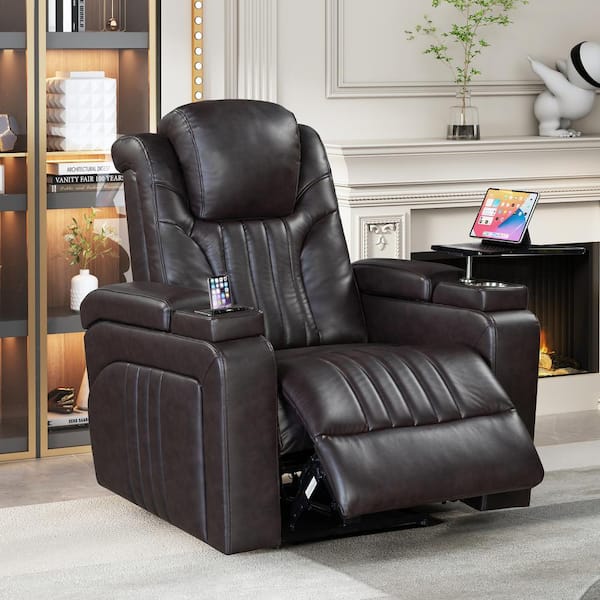 Brown Home Theater PU Leather Power Recliner with Adjustable Headrest, Wireless Charging Device, USB Port, Storage Arms