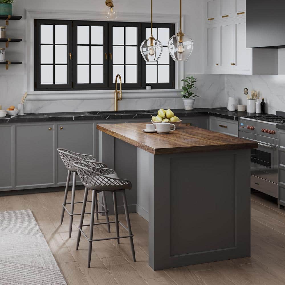 Warm Gray Wood and Metal Low-Back Counter Stools, Set of 2