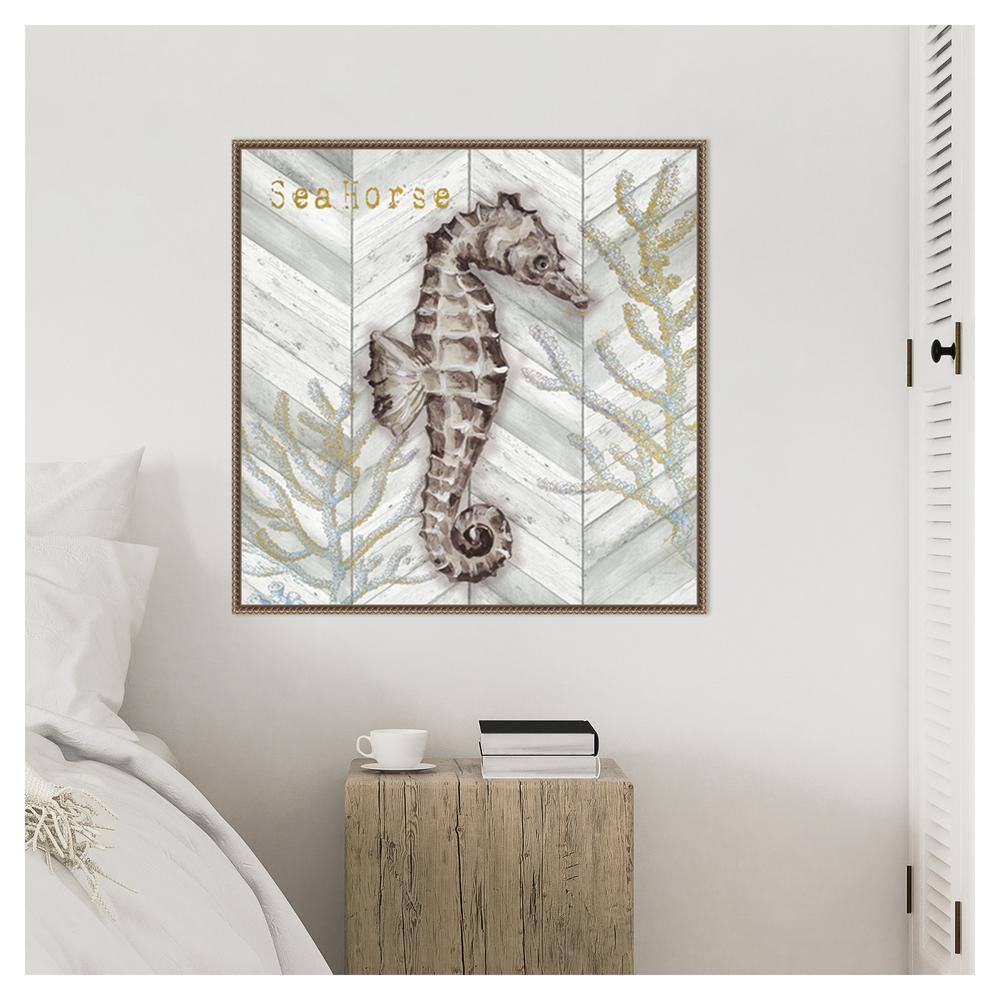 Gray Gold Chevron Seahorse Canvas Wall Art with Bronze Frame