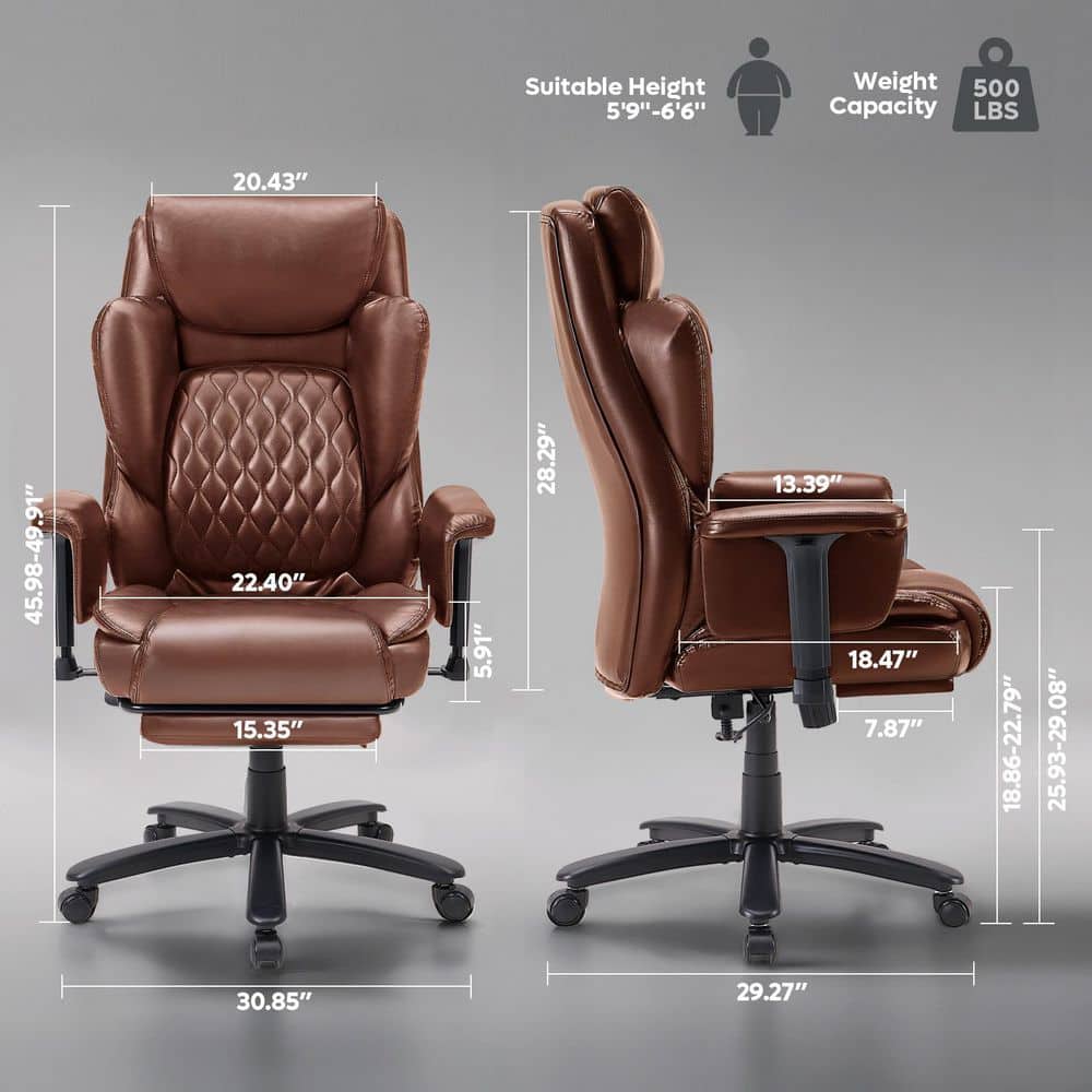 Faux Leather High-Back Ergonomic Office Chair in Brown with Adjustable Padded Arms, Swivel Chair with Headrest&Footrest - Thumbnail 3