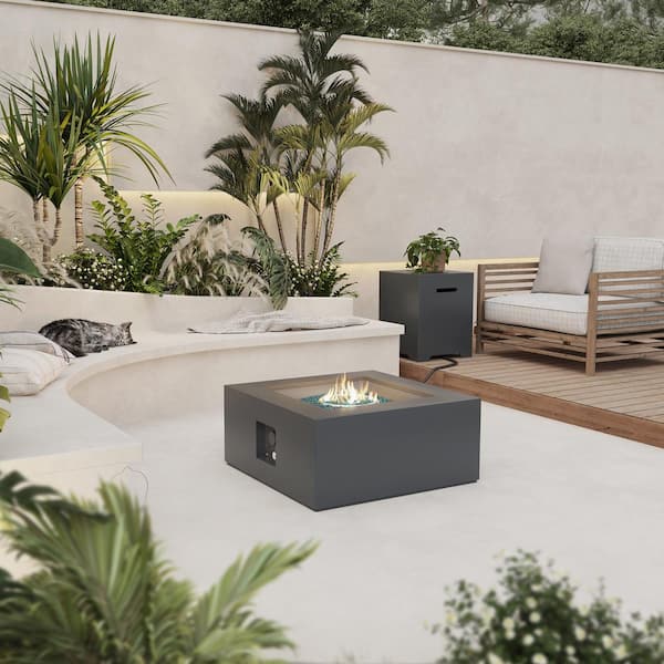 UPHA 28 in. 40000BTU Outdoor Square Dark Grey Iron Fire Pit Table with Propane Tank Cover and Fire Pit Table Lid