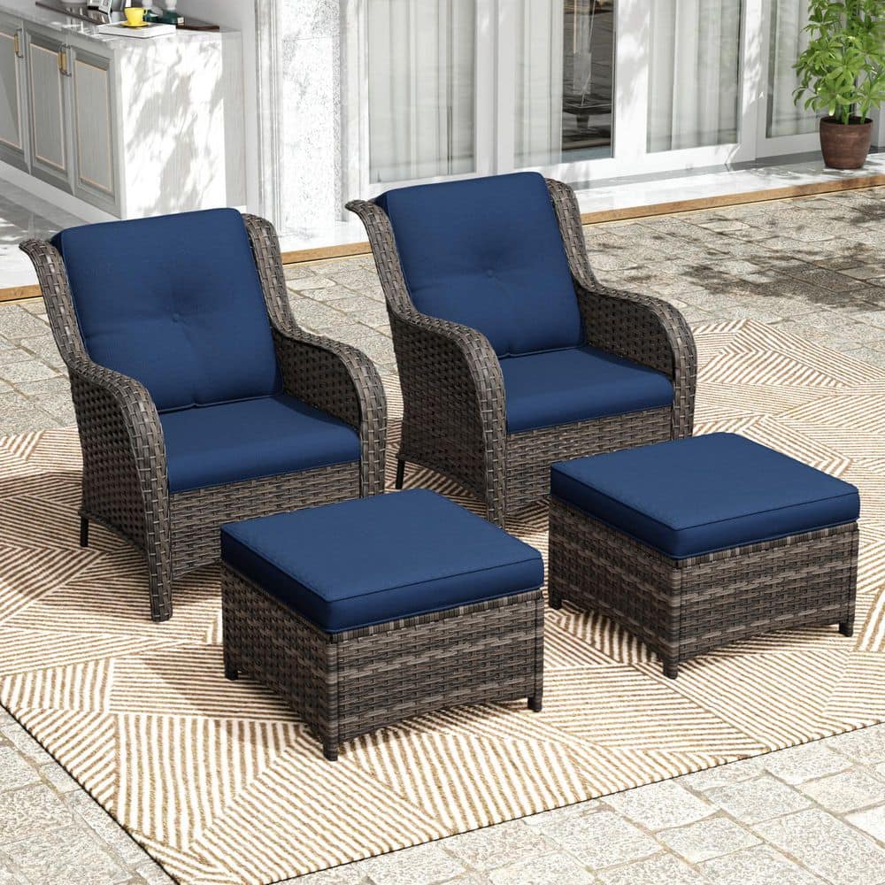 4-Piece Wicker Outdoor Patio Conversation Lounge Chair Set with Blue Cushions and Ottomans price history on PriceWatchPro