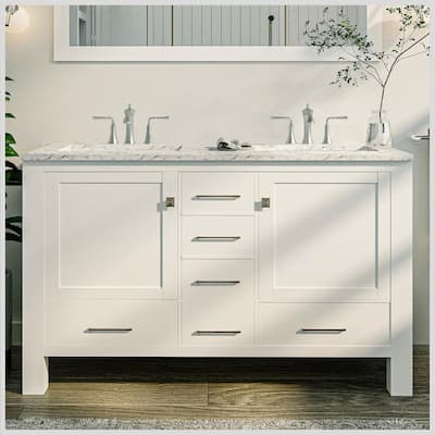 Aberdeen 48 in. Transitional White Bathroom Vanity with White Carrara Countertop and Double Sinks