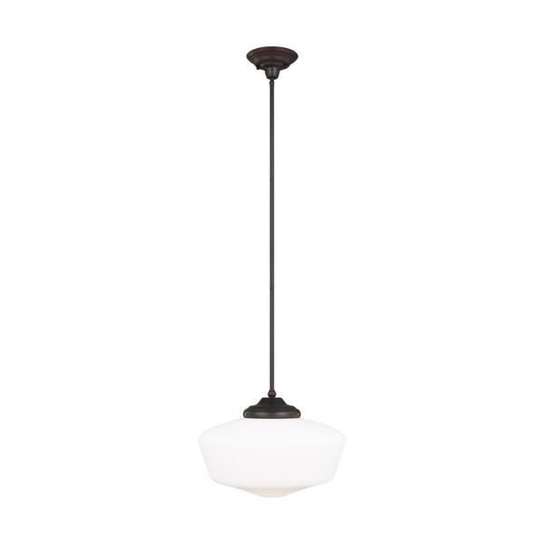 Generation Lighting Academy Extra Large 17 in. 1-Light Bronze Transitional Farmhouse Hanging Pendant with Satin White Glass Shade