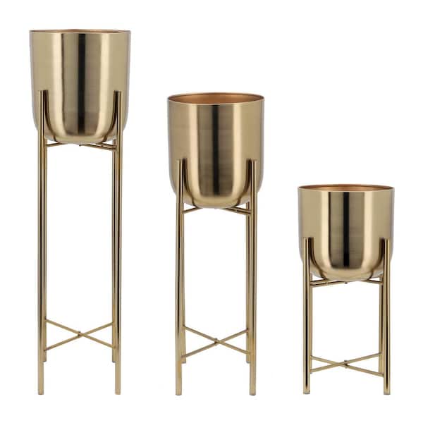 11 in. x 40 in. Gold Metal With Stand Planters Decorative Pots (Set of 3)