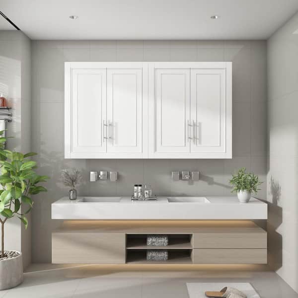White 26 in. x 22 in. x 8 in. Wood Laundry Room Cabinet with 2 Shelves Set of 2