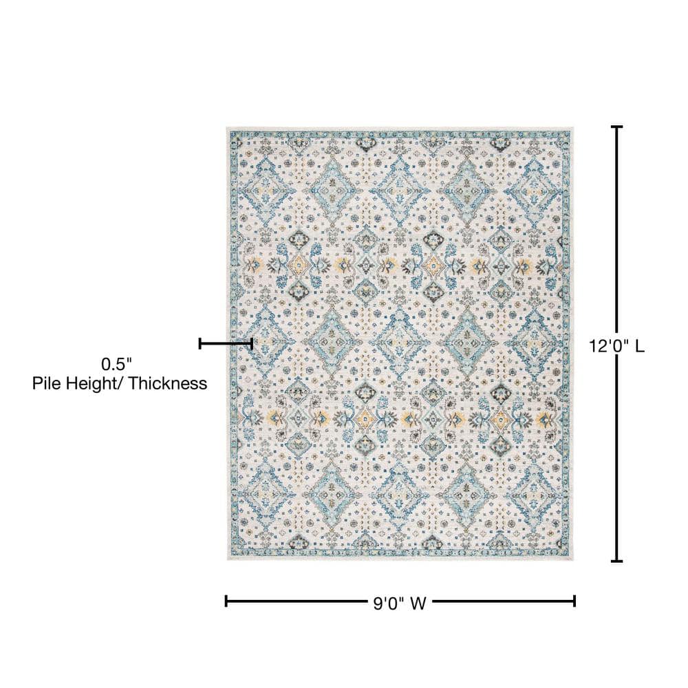 Ivory and Light Blue Floral Synthetic 9' x 12' Rectangular Area Rug
