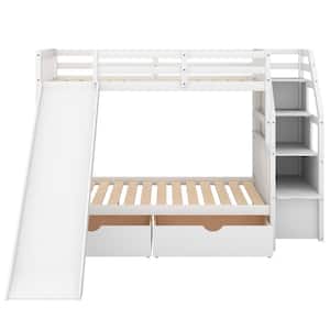 White Twin Over Full Bunk Bed Frame with Slide and Staircases, Wooden Kids Bunk Bed Frame with 2 Storage Drawers