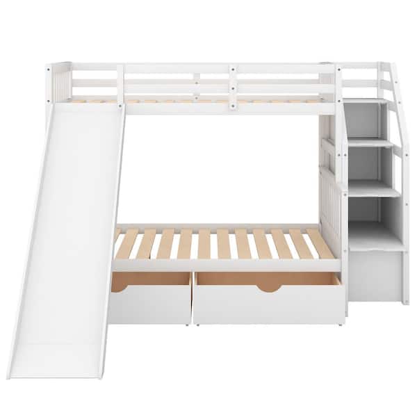 ANBAZAR White Twin Over Full Bunk Bed Frame with Slide and Staircases, Wooden Kids Bunk Bed Frame with 2 Storage Drawers