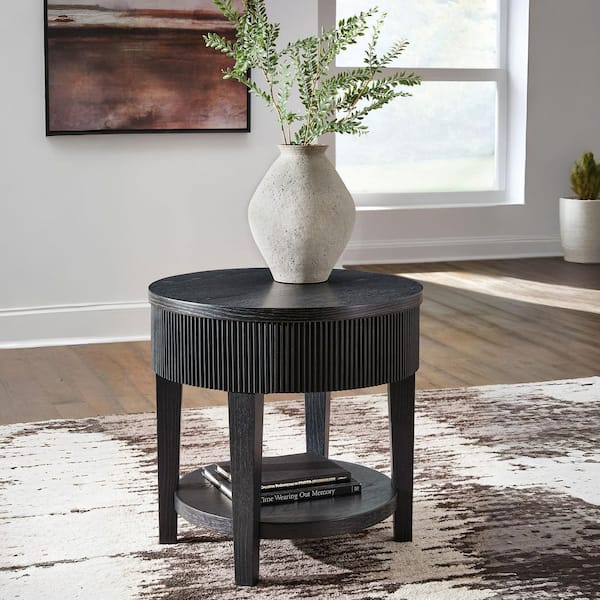 Marstream 24 in. Black Round Wood End Table with Storage and Drawers and Shelves