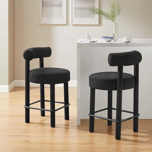 MODWAY Toulouse 26 in. in Black Black Wood Boucle Fabric Counter Stool - Set of 2