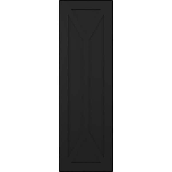 Ekena Millwork True Fit 12 in. x 36 in. Flat Panel PVC San Carlos Mission Style Fixed Mount Shutters Pair in Black