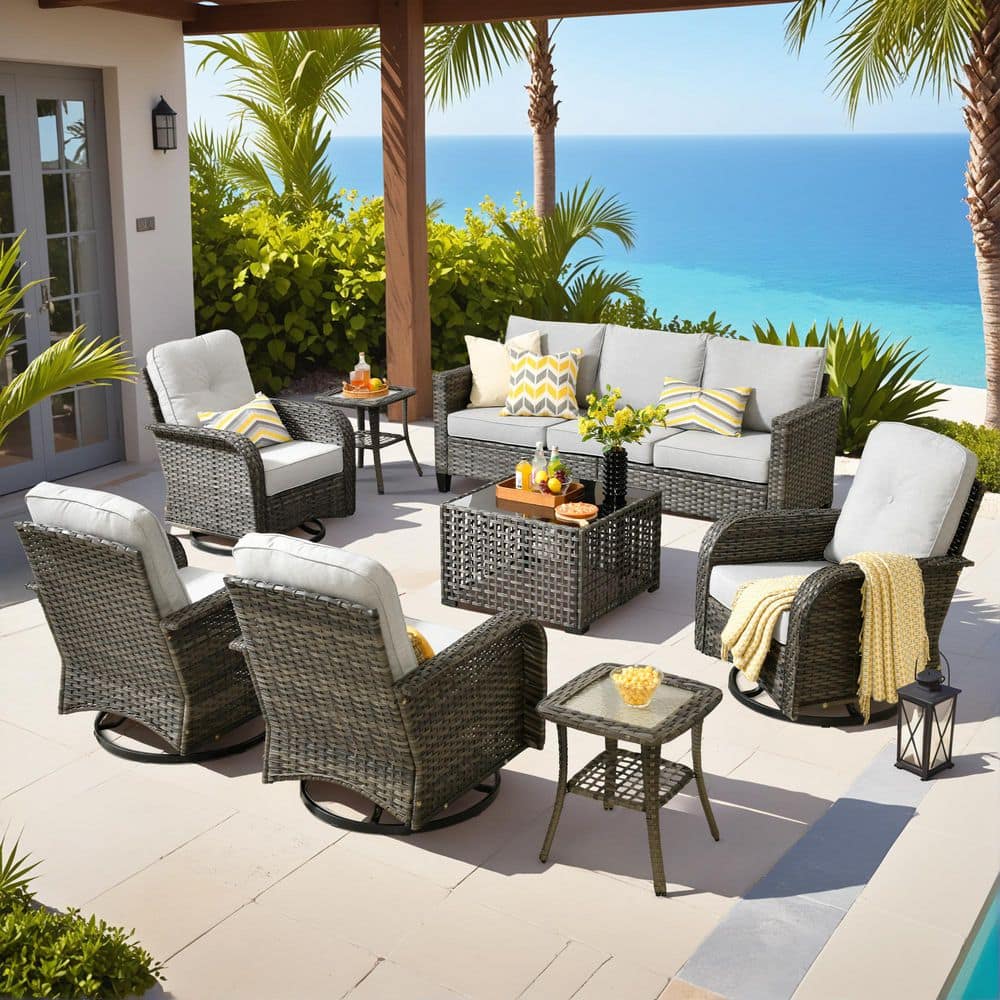 Lotus B 8-Piece Wicker Patio Conversation Seating Set with Swivel Rocking Chairs Coffee Table and Gray Cushions price history on PriceWatchPro
