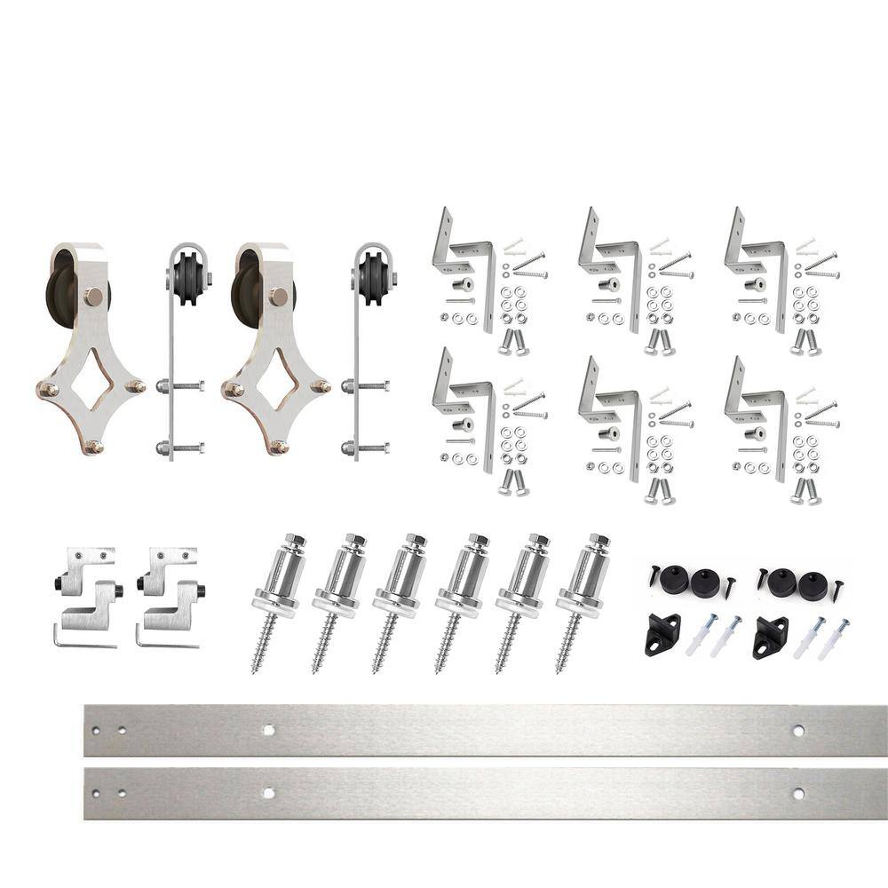 Brushed Nickel Double Track Diamond Bypass Barn Door Hardware Kit