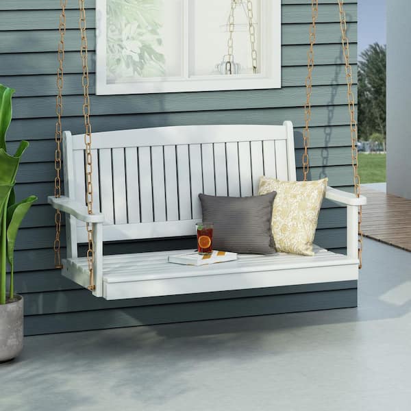Unbranded 2-Person Acacia Wood Porch Swing with Chains in White