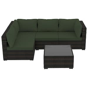 5-Piece Wicker Patio Conversation Set Outdoor Sectional Sofa Set with Coffee Table and Dark Green Cushions