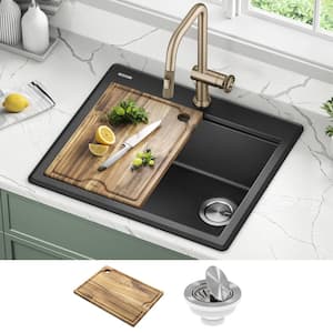Bellucci Metallic Black Granite Composite 25 in. Single Bowl Drop-In Workstation Kitchen Sink with Accessories