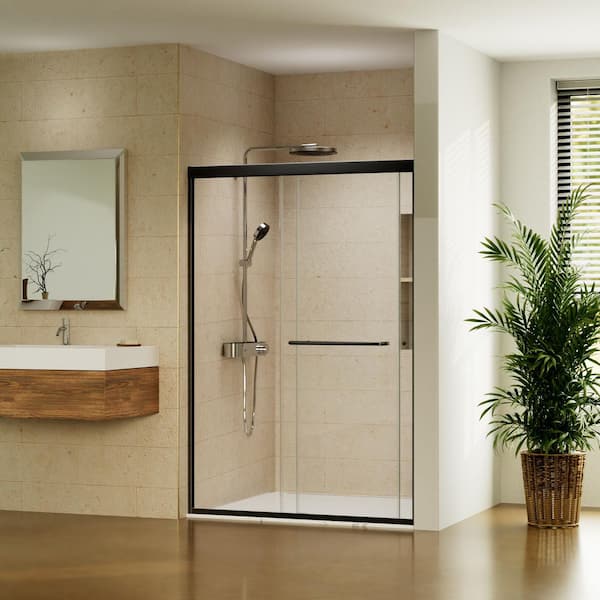 44-48 in. W x 70 in. H Sliding Framed Shower Door in Matte Black with 1/4 in. (6 mm) Clear Glass