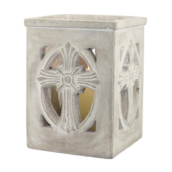 Stonebriar Collection 8 in. Warm Washed Cement Cross Jar Candle Holder