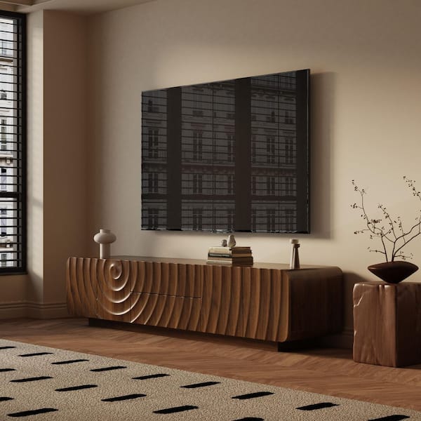 Jumana Brown Mid Century Unique Spiral Wave Design Wood TV Console Fits TVs Up to 69 in. with Storage Cabinet