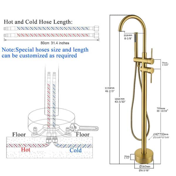 45-5/8 in. 2-Handle Residential Freestanding Tub Faucet with Hand Shower in Brushed Brass