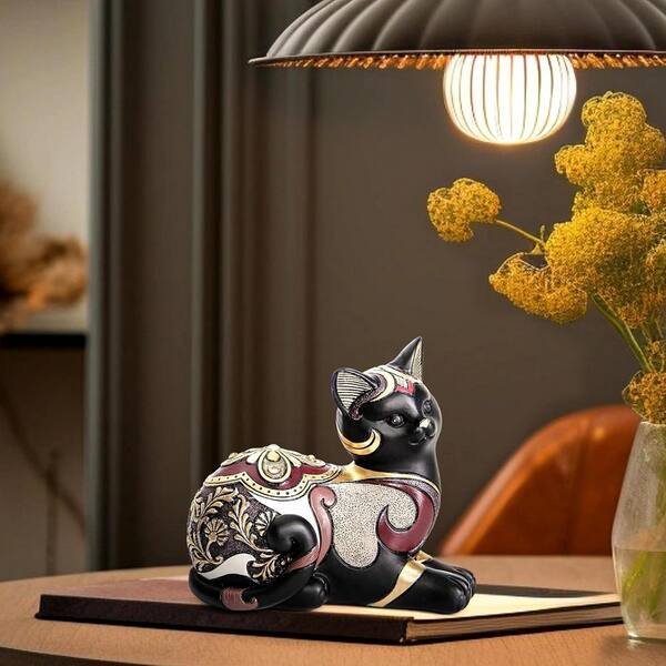 5.5 in. x 6.3 in. Resin Vintage Matte Black Cat Figurine, Retro