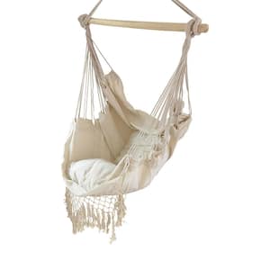 5 ft. Hanging Rope Swing Hammock Chair with Side Pocket and Wooden Spreader Bar in Ivory