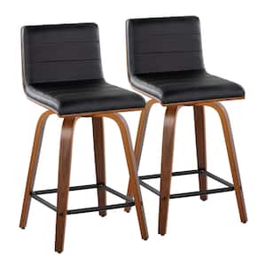 Vasari 24 in. Black Faux Leather, Walnut Wood and Black Metal Fixed-Height Counter Stool (Set of 2)