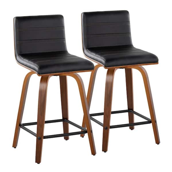 Lumisource Vasari 24 in. Black Faux Leather, Walnut Wood and Black Metal Fixed-Height Counter Stool (Set of 2)