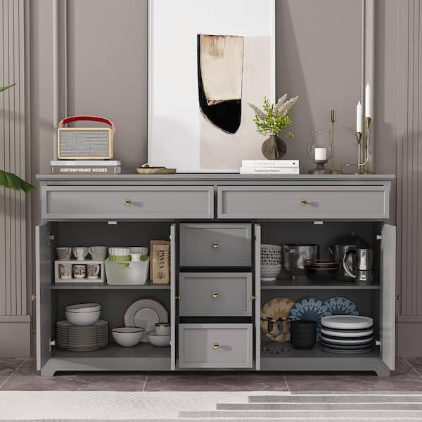 FUFU GAGA Gray Wood 59.1 in. W 33.5 High Sideboard with 2 Large Drawers 3 Small Drawers and 2 Cabinets 33.5 in. H x 15.7 in. D Mathis Home