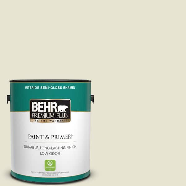 BEHR PREMIUM PLUS 1 gal. #73 Off White Semi-Gloss Enamel Low Odor Interior Paint & Primer