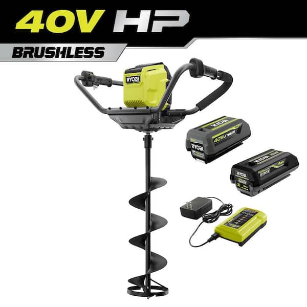 RYOBI 40V HP Brushless Cordless Earth Auger Powerhead with 8 in. Bit with 4.0 Ah Battery, 4.0 Ah EDGE Battery and Charger