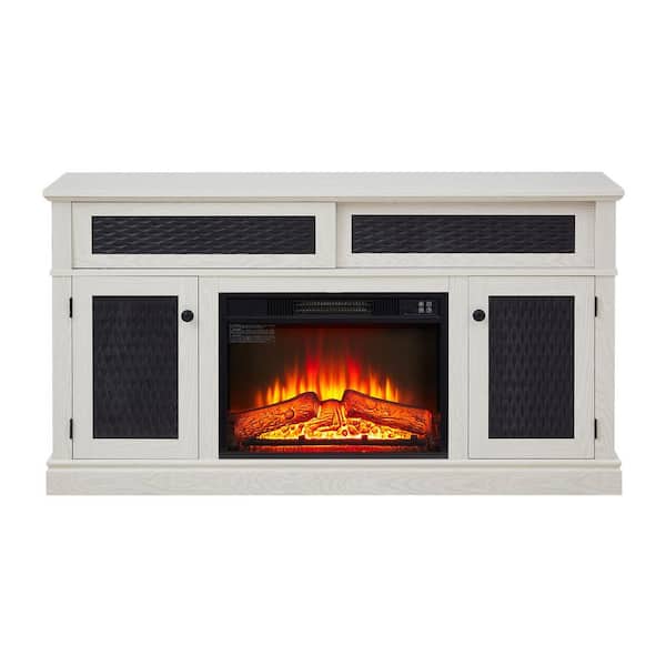 59 in. Freestanding Embossed Pattern TV Stand with 23 in. Electric Fireplace Insert & Storage Space in White