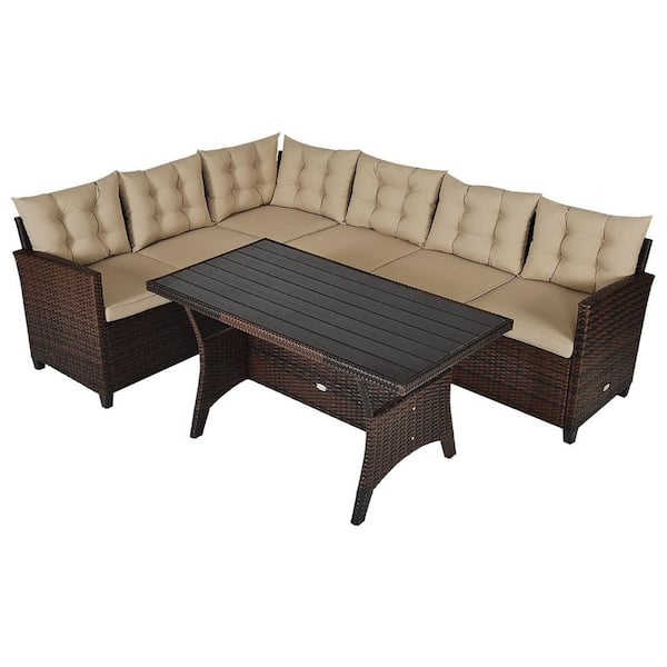 Costway Island 3-Piece Wicker Dining Set Patio Furniture 6-Seats Sofa with Coffee Cushions