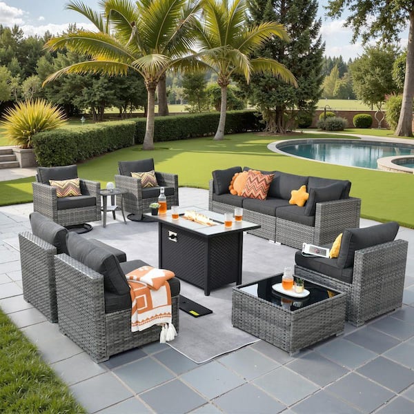 Sanibel Gray 11-Piece Wicker Patio Conversation Fire Pit Sectional Sofa Set with Swivel Chairs and Black Cushions