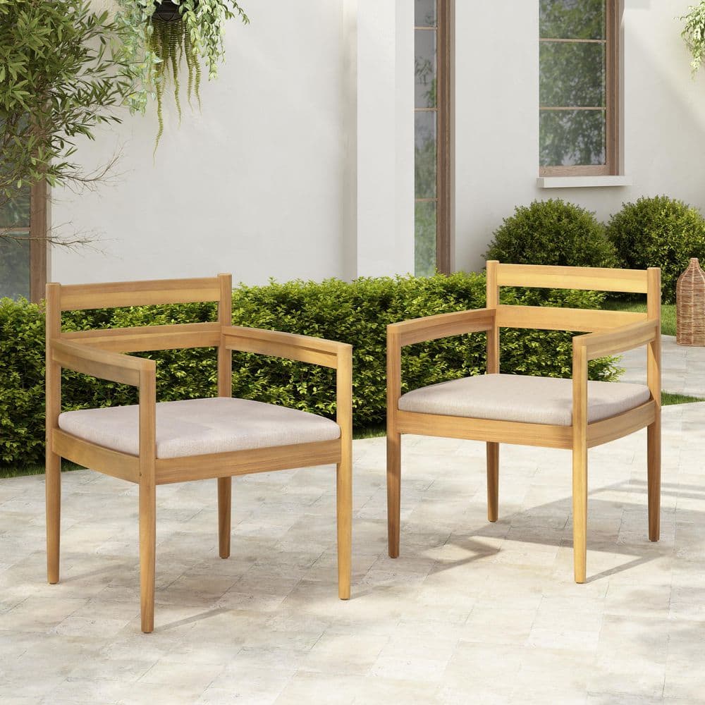 Alice Patio Light Teak Finish Solid Wood Outdoor Dining Chair with Beige Cushions, Armrest, Slatted Design, Set of 2 price history on PriceWatchPro