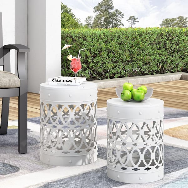 ECOCHIC SPACES INC White Iron 18 in. H & 16 in. H Durable Outdoor Side Table with Elegant Openwork Pattern and Iron Cut Design (2-Pack)