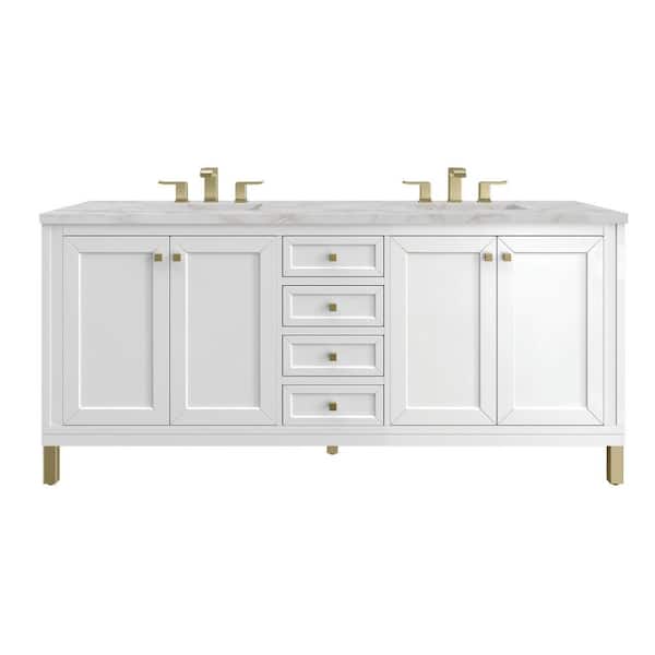 James Martin Vanities Chicago 72.0 in. W x 23.5 in. D x 34.0 in. H Single Bathroom Vanity Glossy White and Victorian Silver Quartz Top