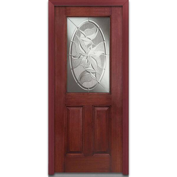 Milliken Millwork 36 in. x 80 in. Lasting Impressions Left Hand 1/2 Lite Decorative Modern Stained Fiberglass Mahogany Prehung Front Door
